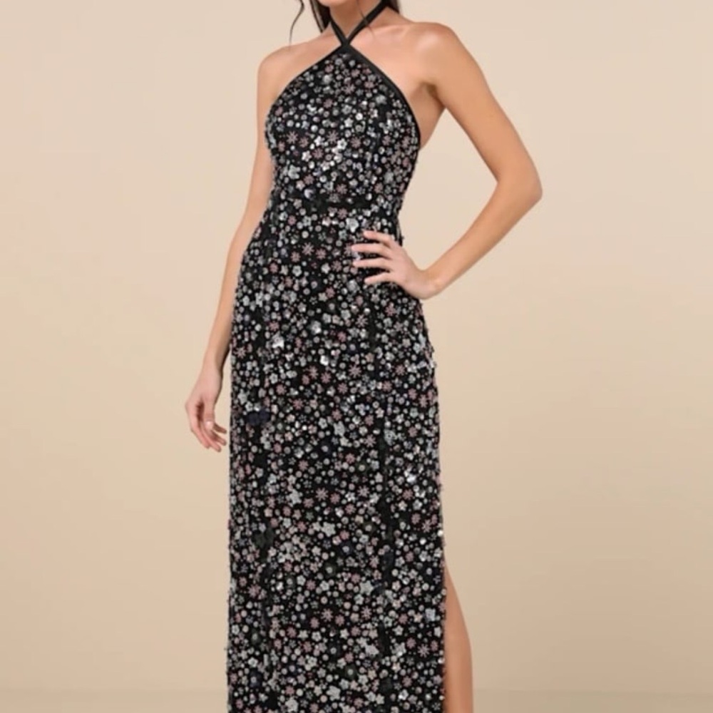 Lulu's Black Floral Halter Maxi Dress